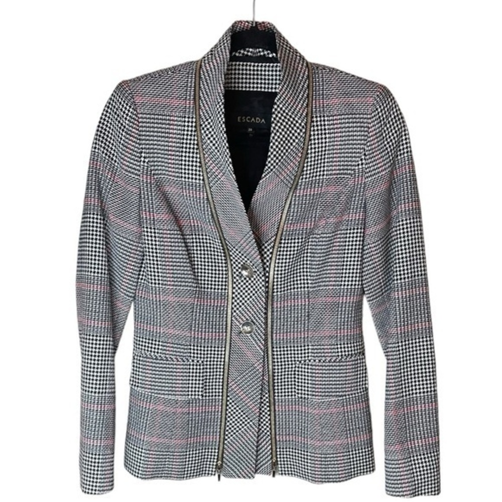 Escada Houndstooth Black Red and White Blazer Jacket with Zipper Detail Size 34